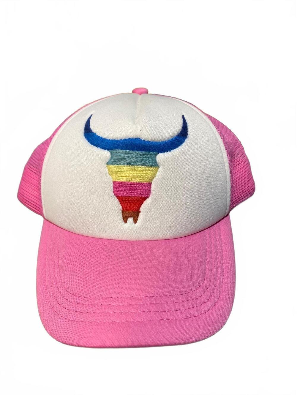 BC Style Pink and White Rainbow Bull Embroidered Mesh Trucker Hat Cap
